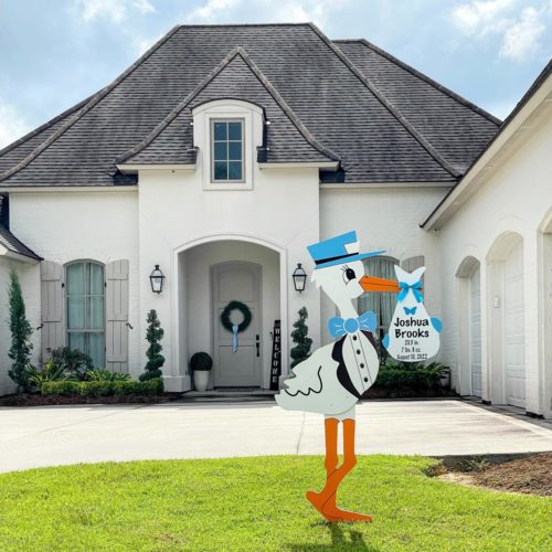 Blue Stork Sign with Dog Bone Sign: South Bay Storks - Stork Sign Rentals in Los Angeles County, CA